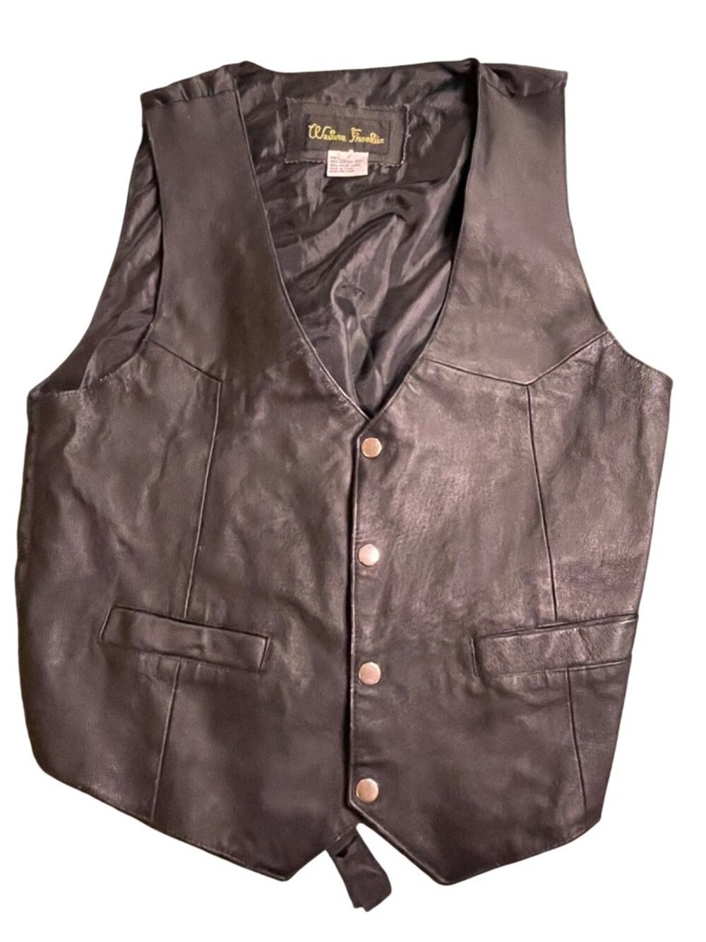 Vintage Western Frontier Black Leather Vest With Satin Lining & Snap Buttons - M